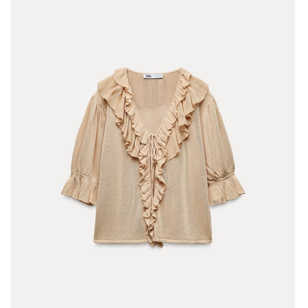 Zara Tan Puff Sleeve Ruffled Blouse